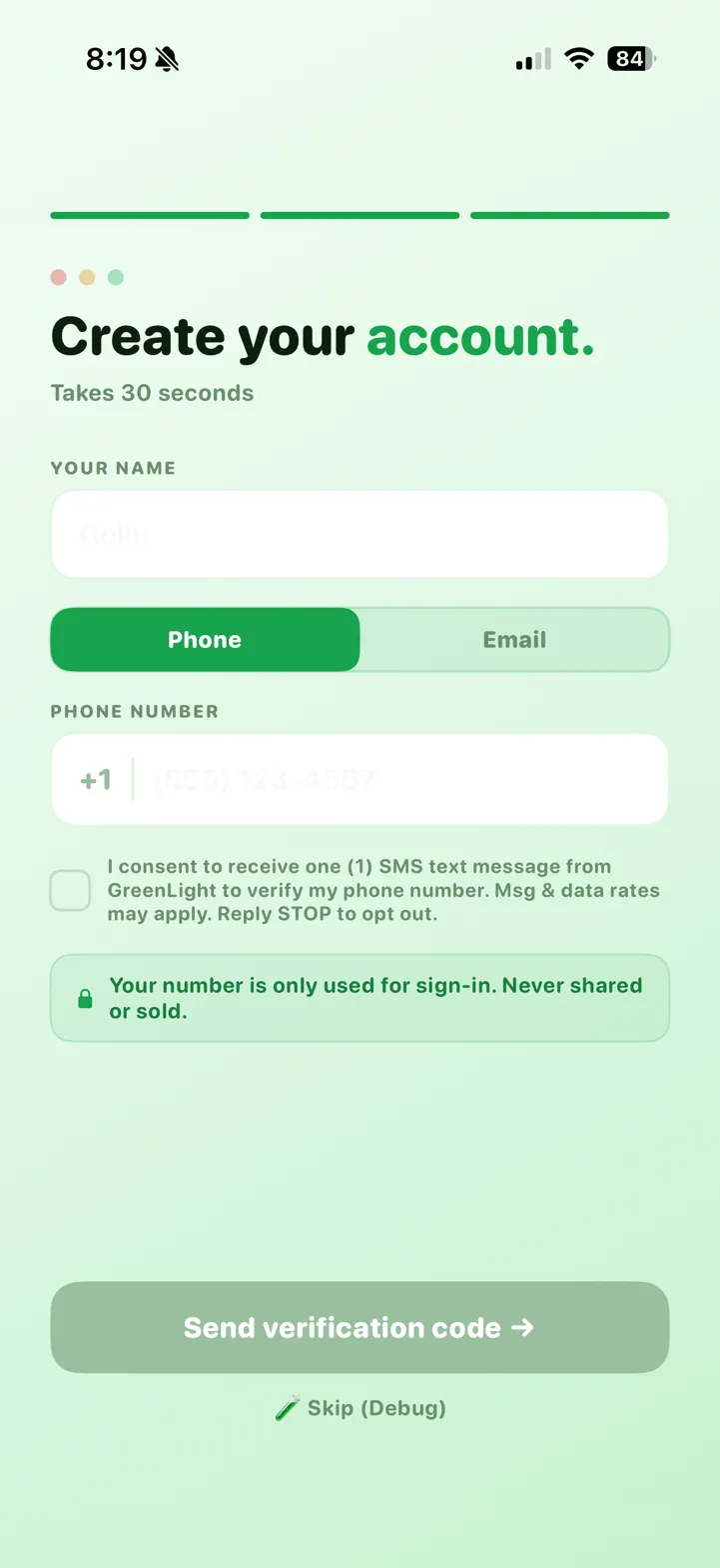 GreenLight SMS opt-in screen showing unchecked consent checkbox, Phone/Email toggle, and disabled Send button